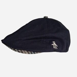Mens Navy blue flat cap with white penguin logo plaid detail under brim